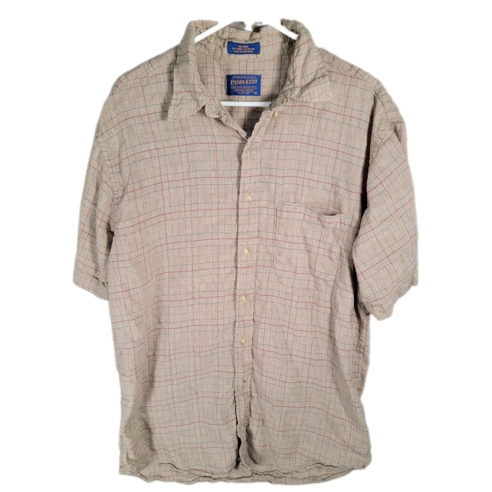 Pendleton Shirt Mens XL Tan Linen Rayon Plaid Short Sleeve Button Down Top
